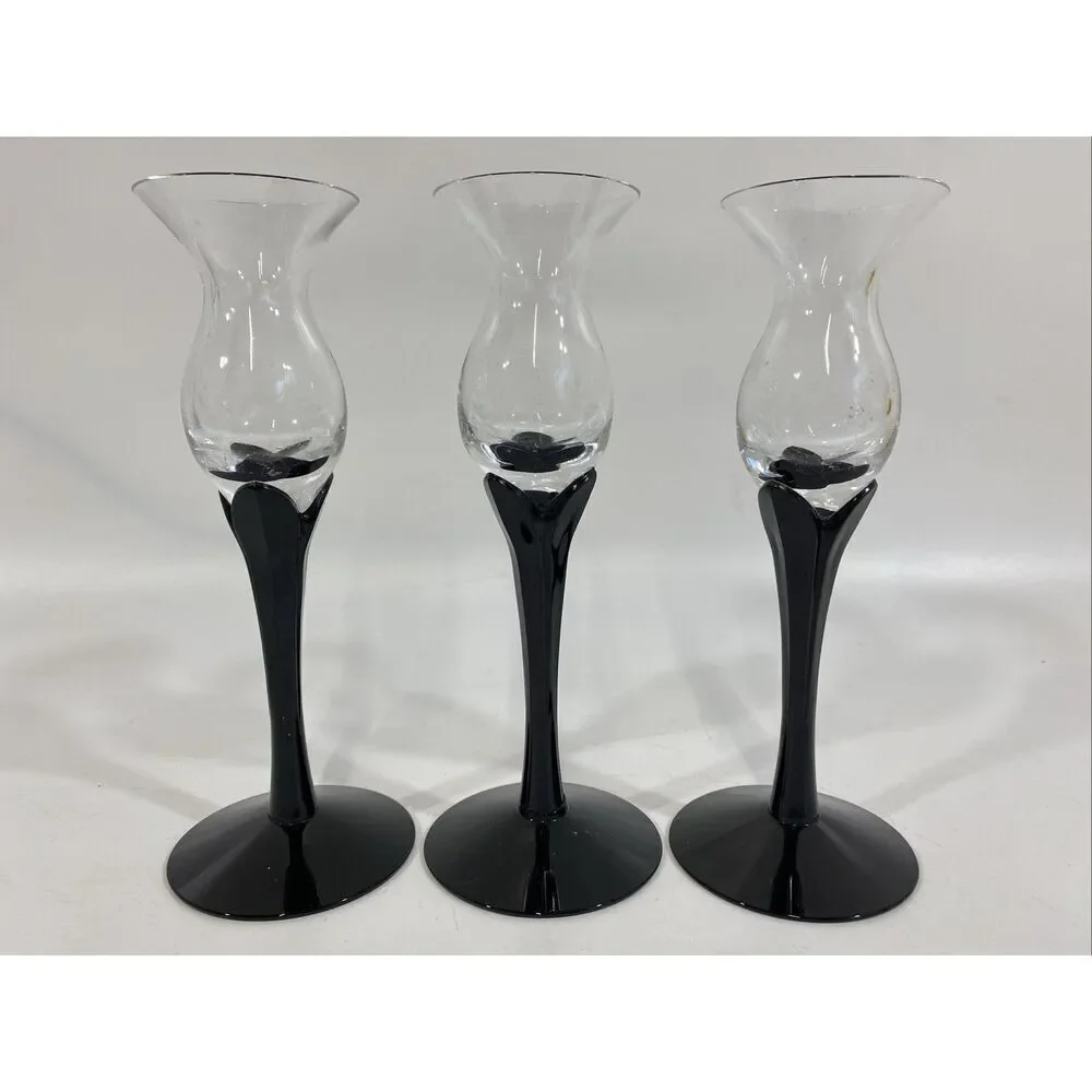 Fostoria Black‎ Ebony Lotus Candlesticks Set Of 3 7.5” Opaque Crystal